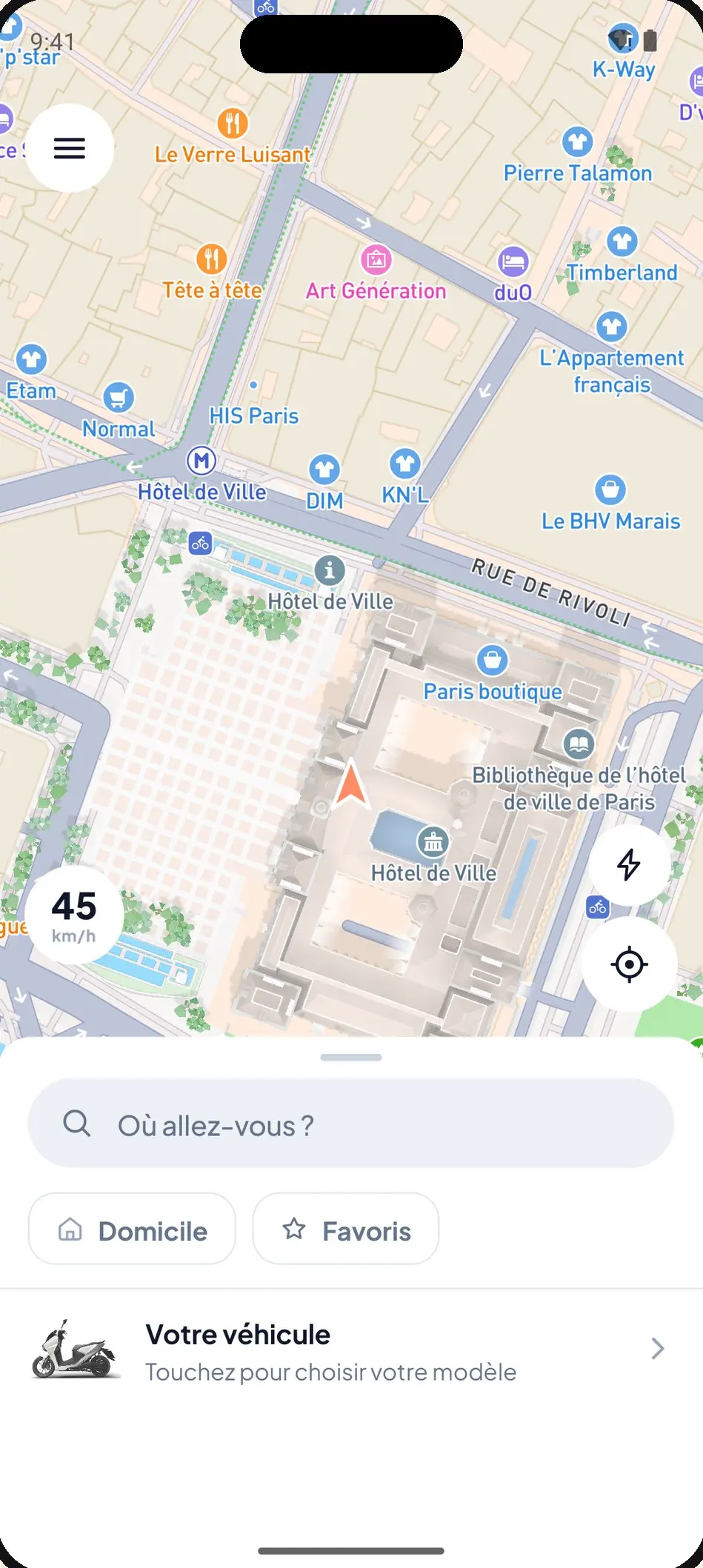 Carte de l'application tactac avec le compteur 45 km/h et la recherche « Où allez-vous ? »