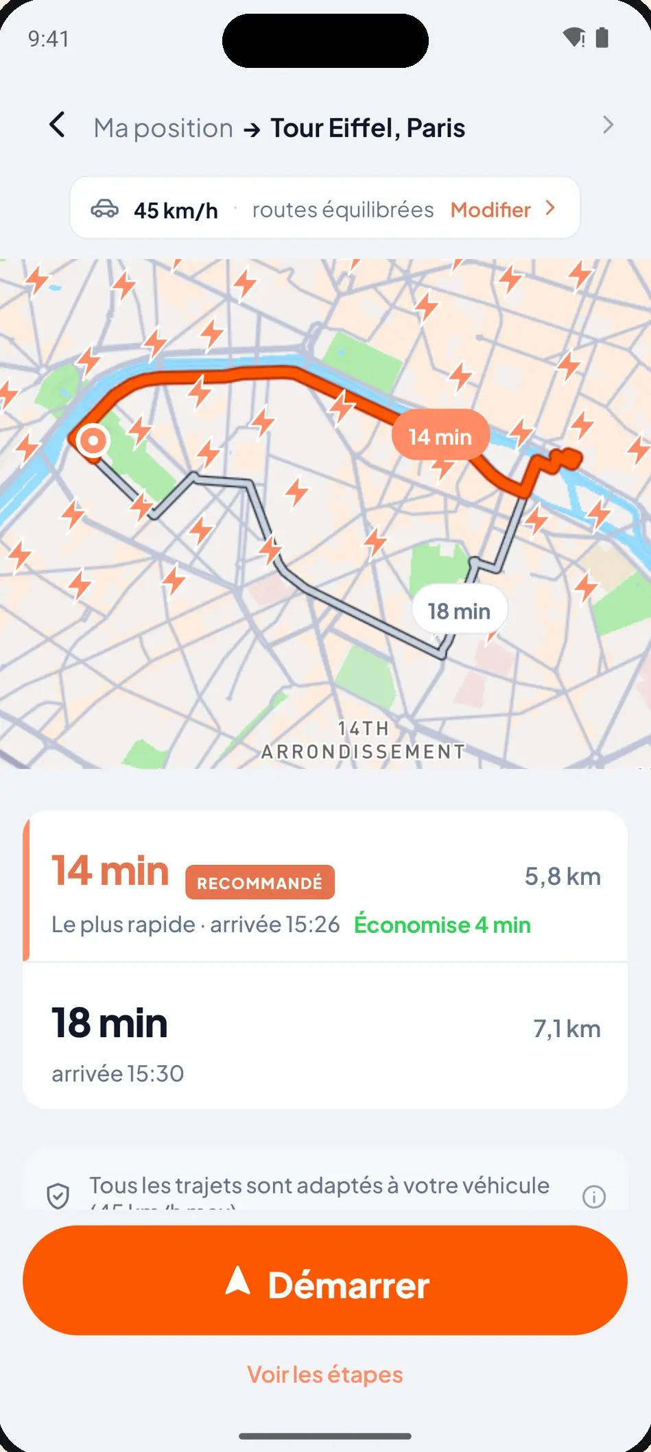 Écran itinéraire de l'application tactac : deux trajets vers la tour Eiffel adaptés à une voiture limitée à 45 km/h, avec le bouton Démarrer