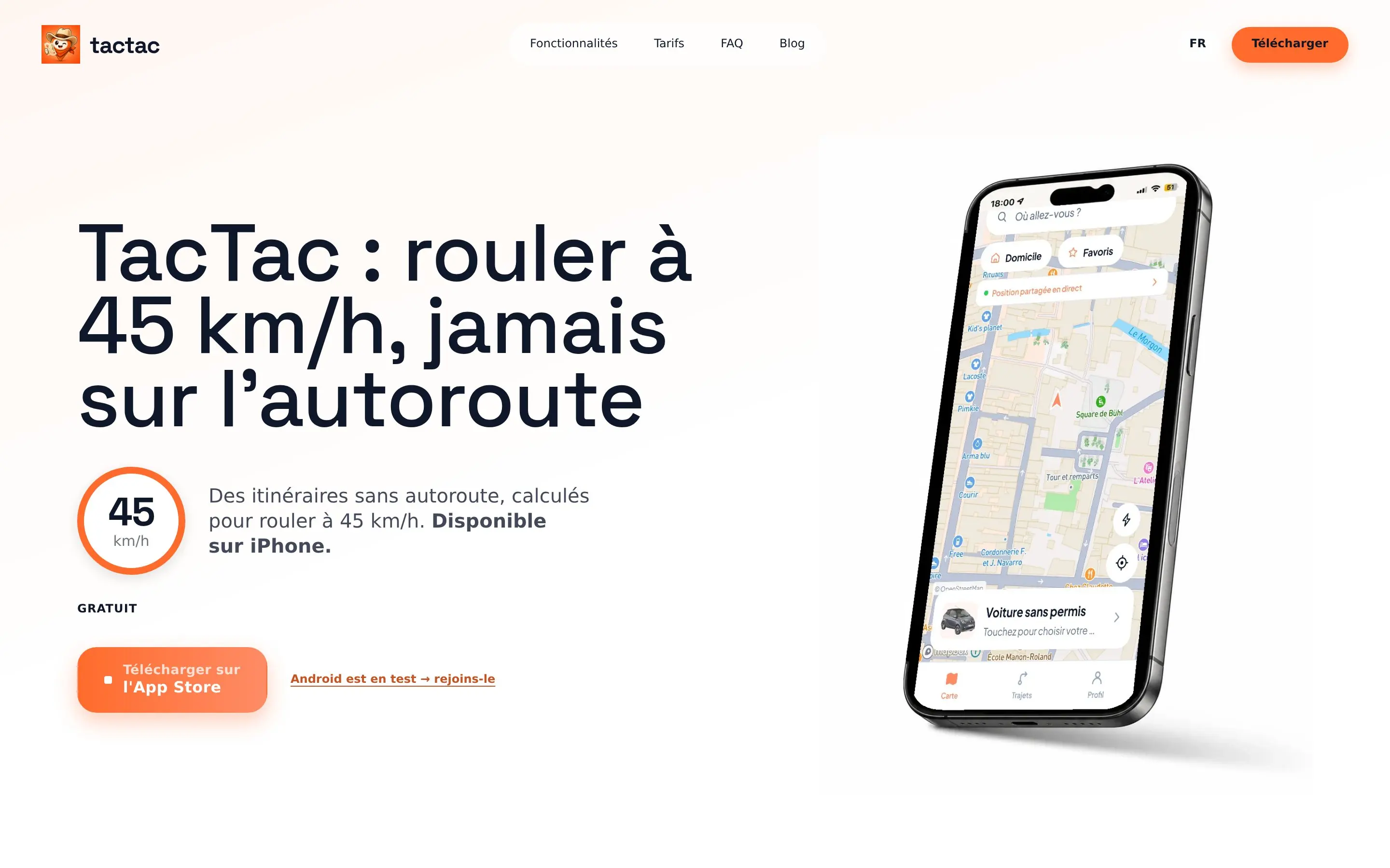 Accueil de tactac-gps.com : « rouler à 45 km/h, jamais sur l'autoroute »